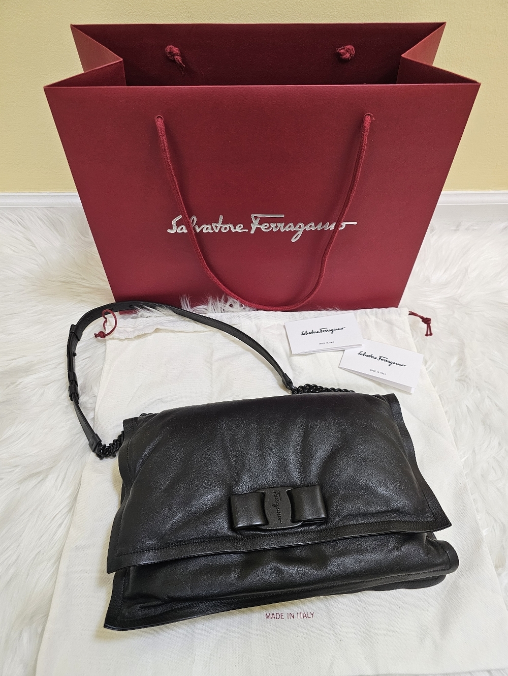 SALVATORE FERRAGAMO Calfskin Medium Viva Bow Padded Shoulder Bag Black